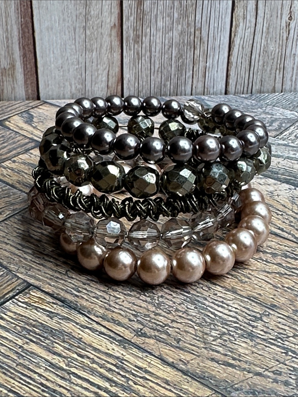 Stacked Pearl and Faceted Bead Bracelet Set in Metallic Taupe and Smoke